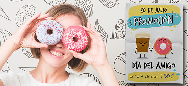 Cartel de promoción café más donut día del amigo - CartelGratis.com